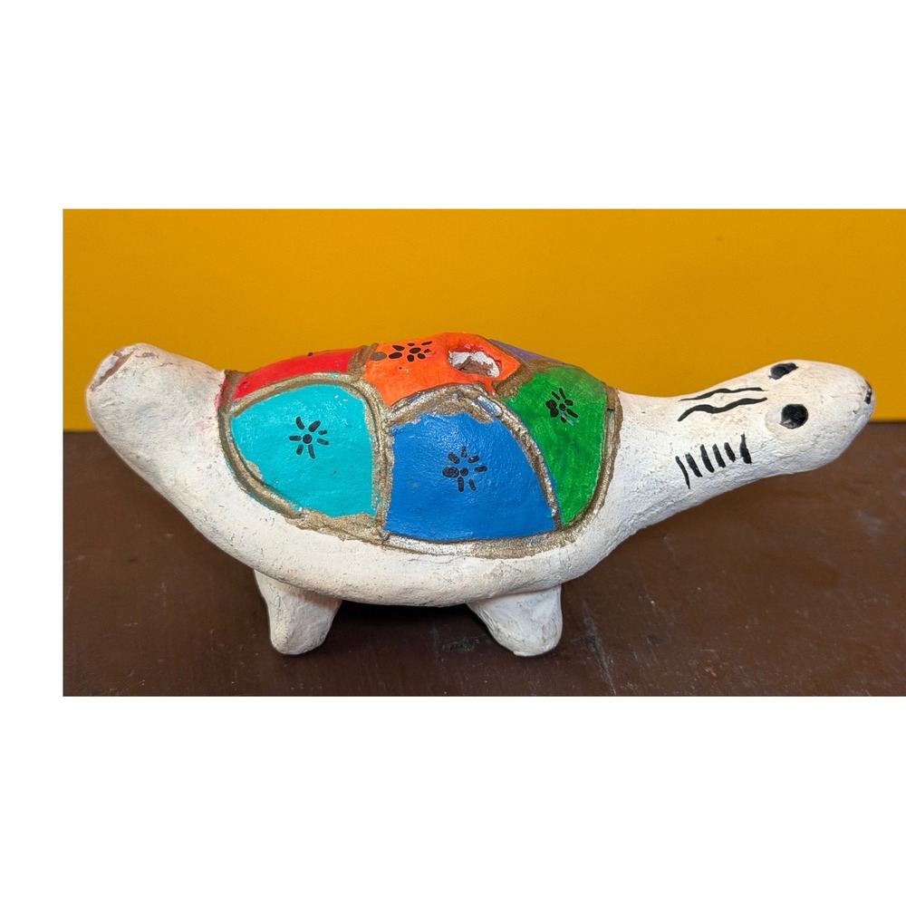 Vintage Hand Painted Clay Turtle Ocarina Flute Folk Art Pottery Multi Color